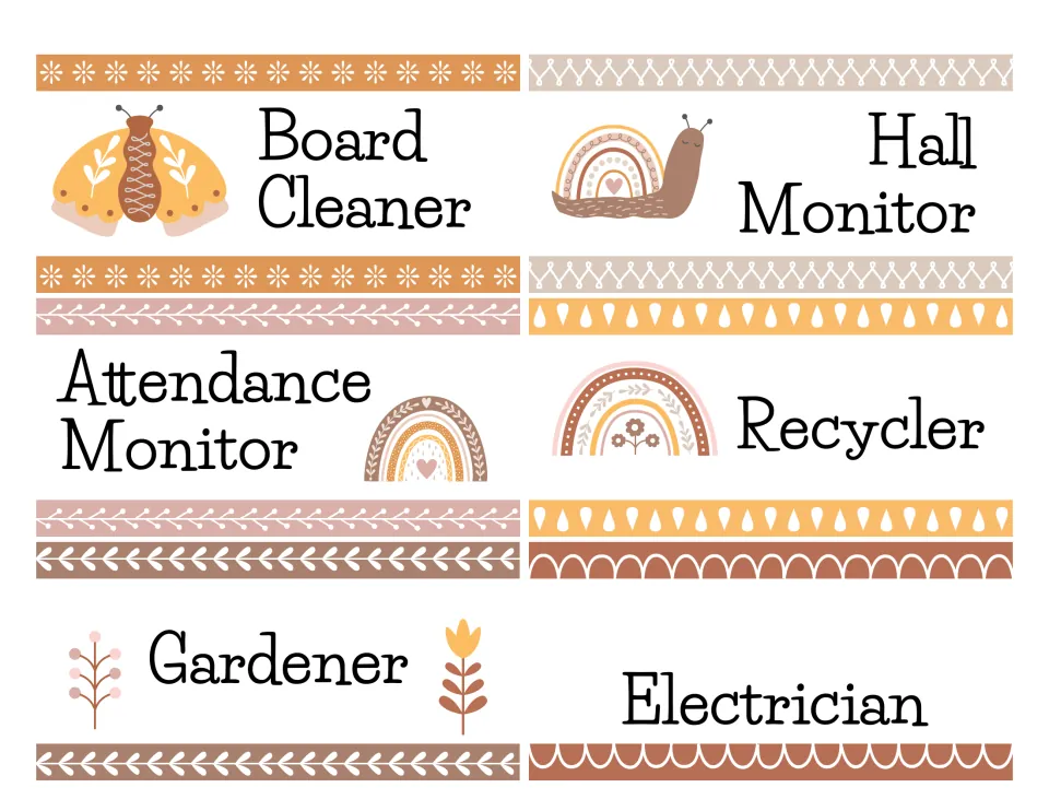 Job cards: Board Cleaner, Hall Monitor, Attendance Monitor, Recycler, Gardener and Electrician with moths and rainbows