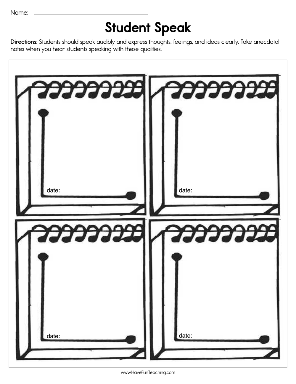 Students Speak Assessment Worksheet teaching resource preview
