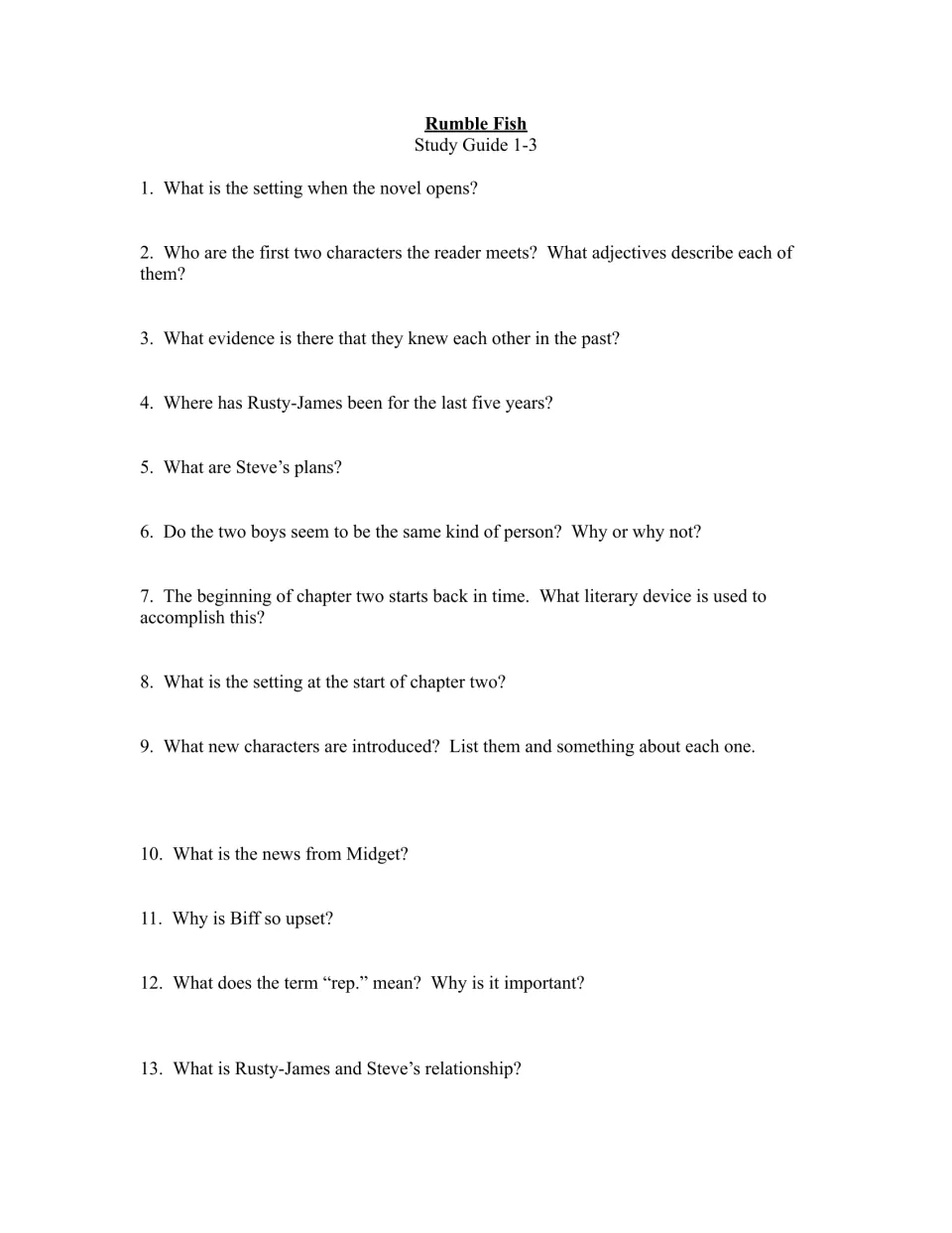 Chapters 1–3 study guide, questions 1–13, covering the opening setting, Steve, flashback, Biff, and reputation