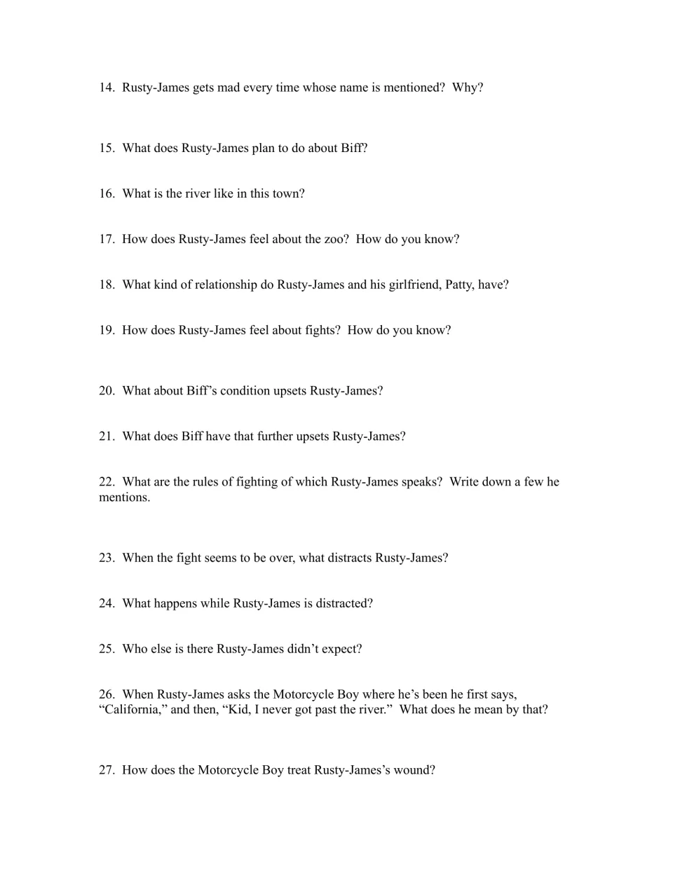 Chapters 1–3 study guide, questions 14–27, on Patty, fighting rules, Biff, and treatment of Rusty-James’s wound