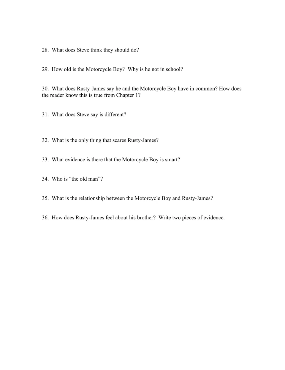 Chapters 1–3 study guide, questions 28–36, on the Motorcycle Boy’s age, intelligence, and bond with his brother