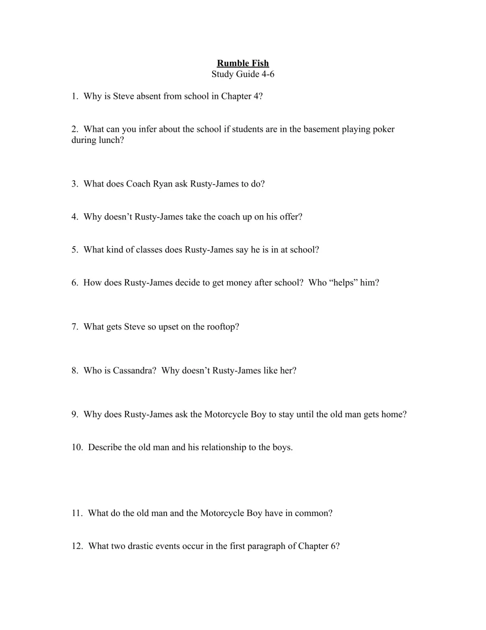 Chapters 4–6 study guide, questions 1–12, about school, Coach Ryan, Cassandra, and the boys’ father
