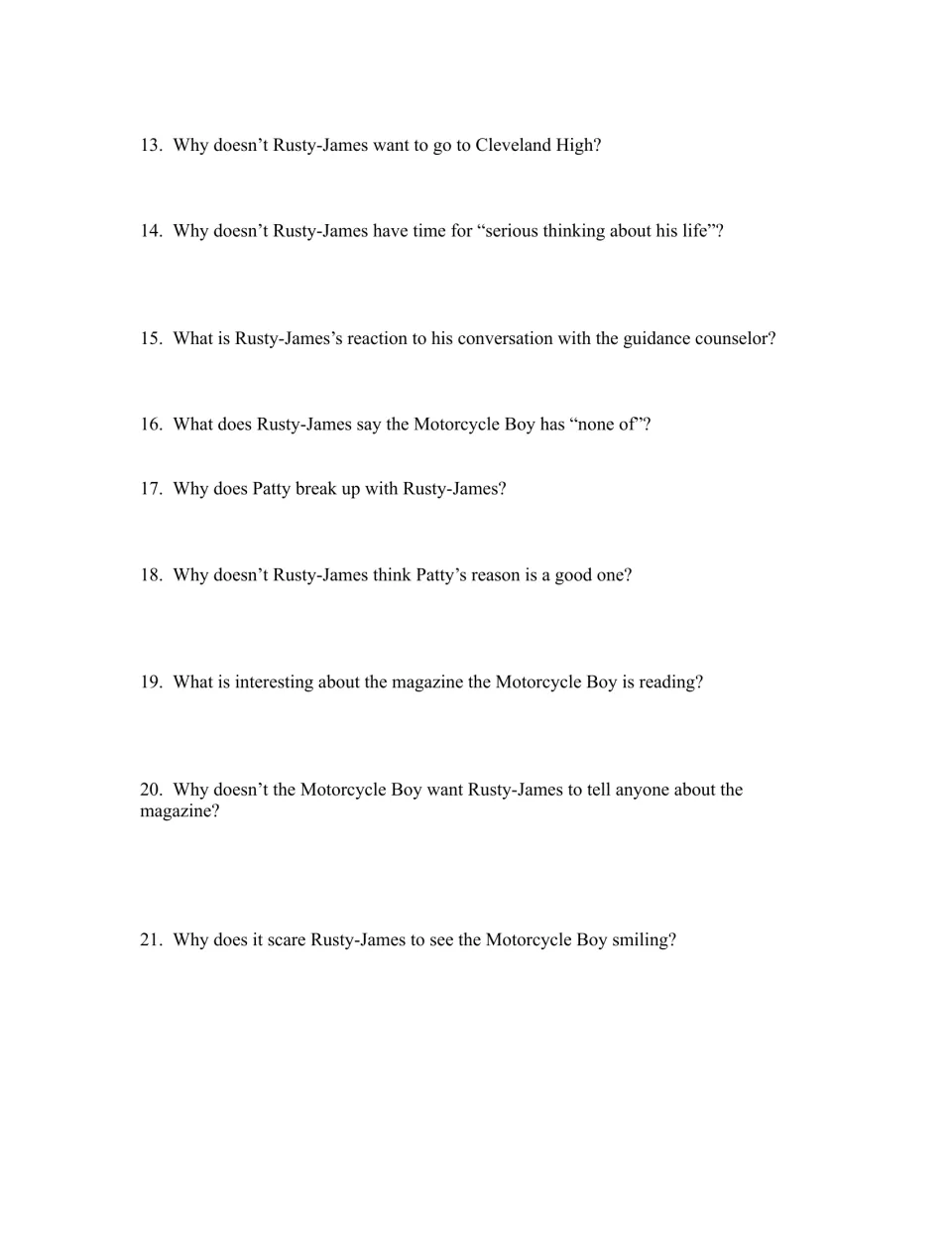 Chapters 4–6 study guide, questions 13–21, on Cleveland High, Patty’s breakup, and the Motorcycle Boy’s magazine
