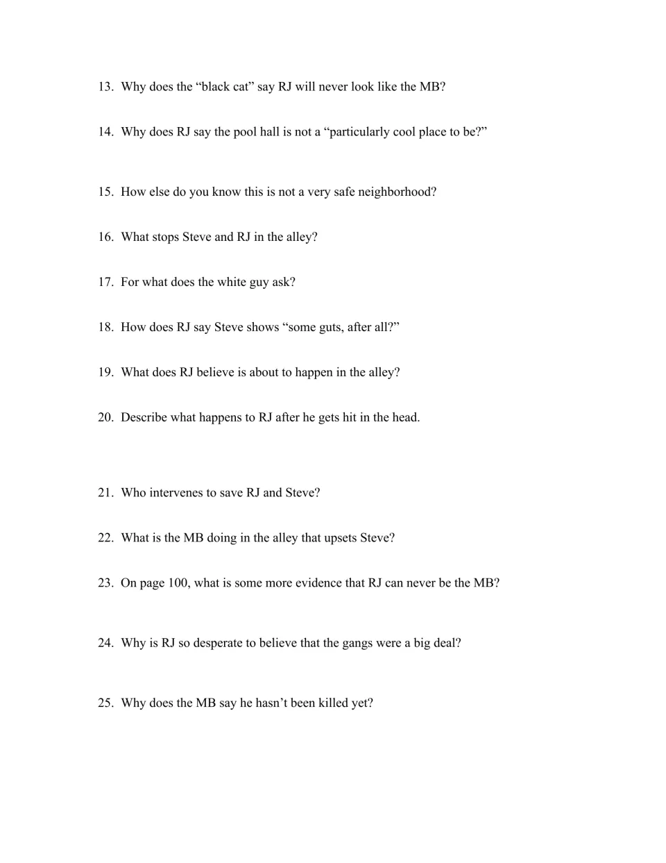 Chapters 7–8 study guide, questions 13–25, on neighborhood danger, the alley attack, rescue, and gangs