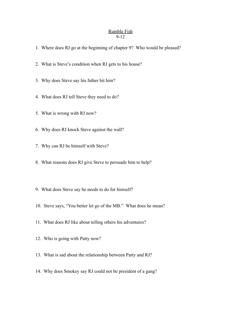 Chapters 9–12 study guide, questions 1–14, on Steve’s injuries, his advice, Patty, and Smokey’s view of leadership