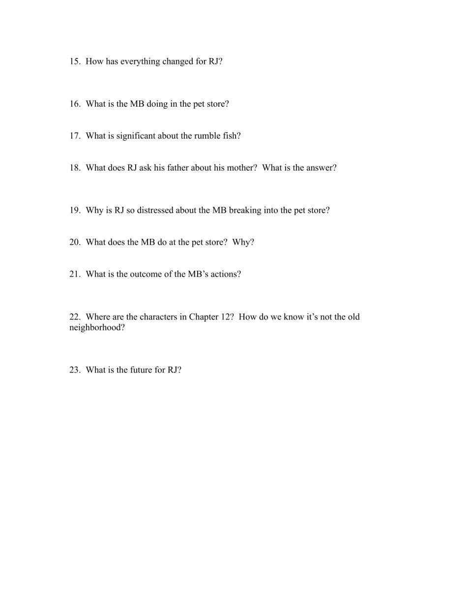 Chapters 9–12 study guide, questions 15–23, on the pet store, the fish’s significance, and Rusty-James’s future