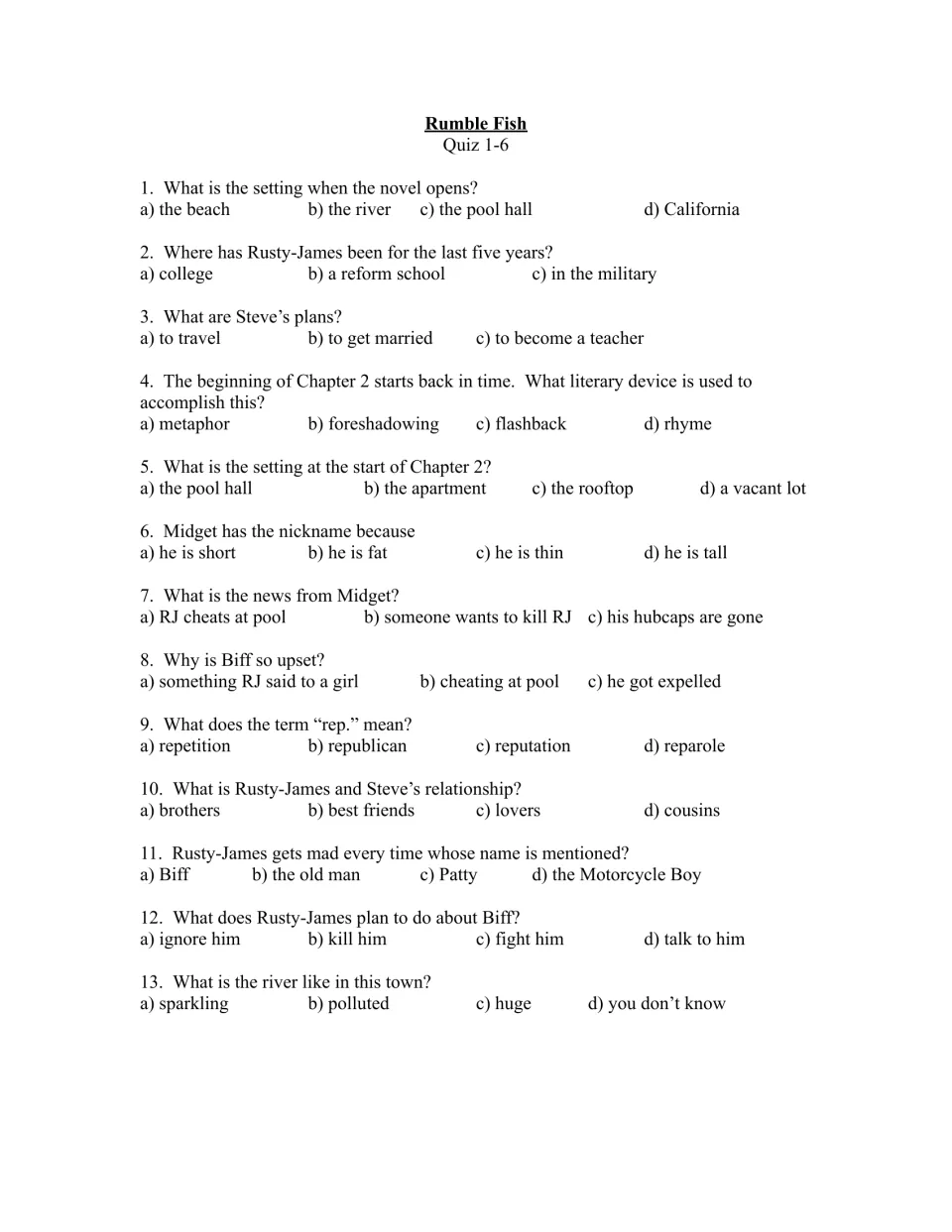 Chapters 1–6 quiz, questions 1–13, with multiple-choice items on setting, flashback, reputation, and characters