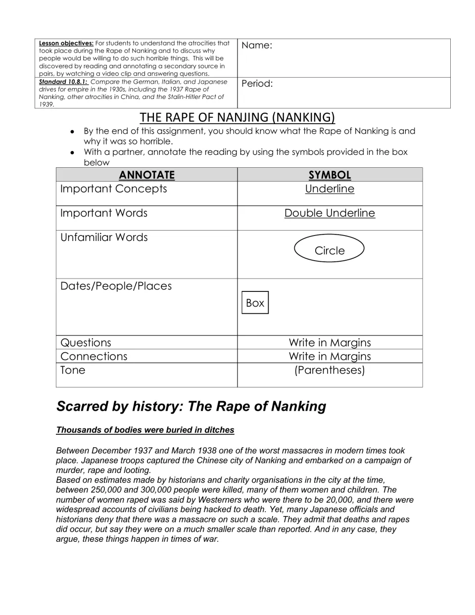 Opening lesson page: annotation symbols and the start of a reading about the Nanjing massacre of 1937–1938