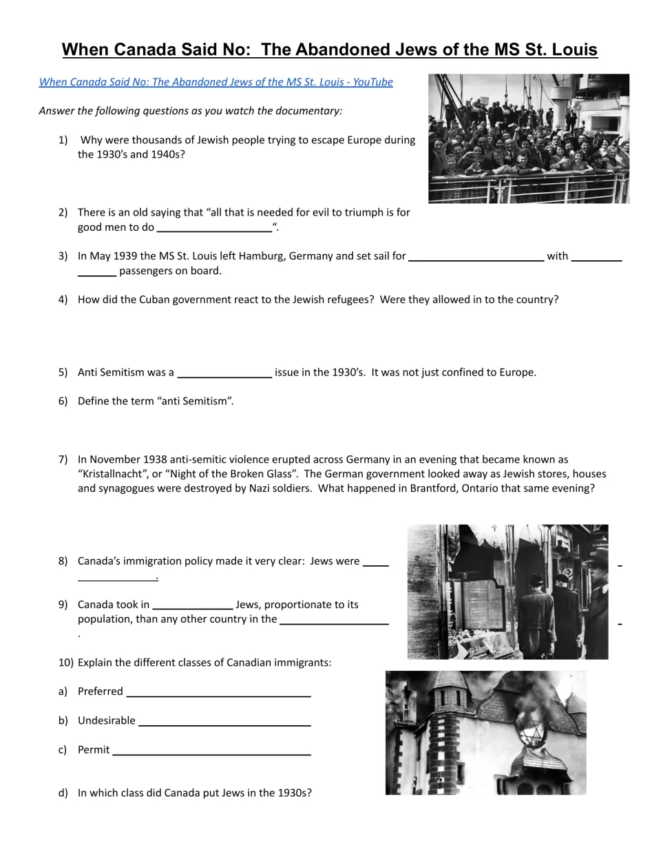 Documentary questions 1–10 on Jewish refugees, the MS St. Louis voyage, and Canada's immigration policies.