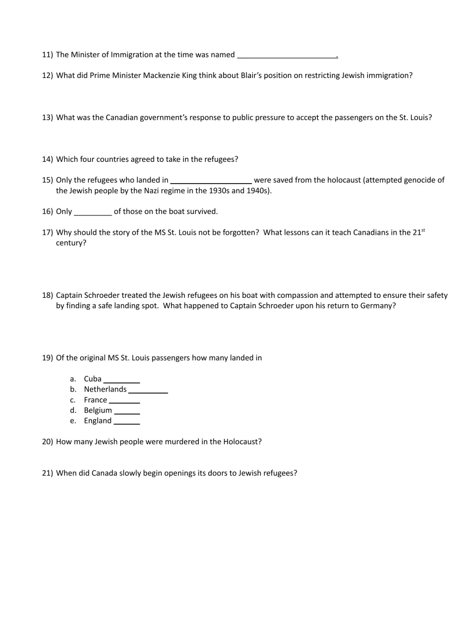 Documentary questions 11–21 on Canada's response, refugee destinations, survivors, and Captain Schroeder.