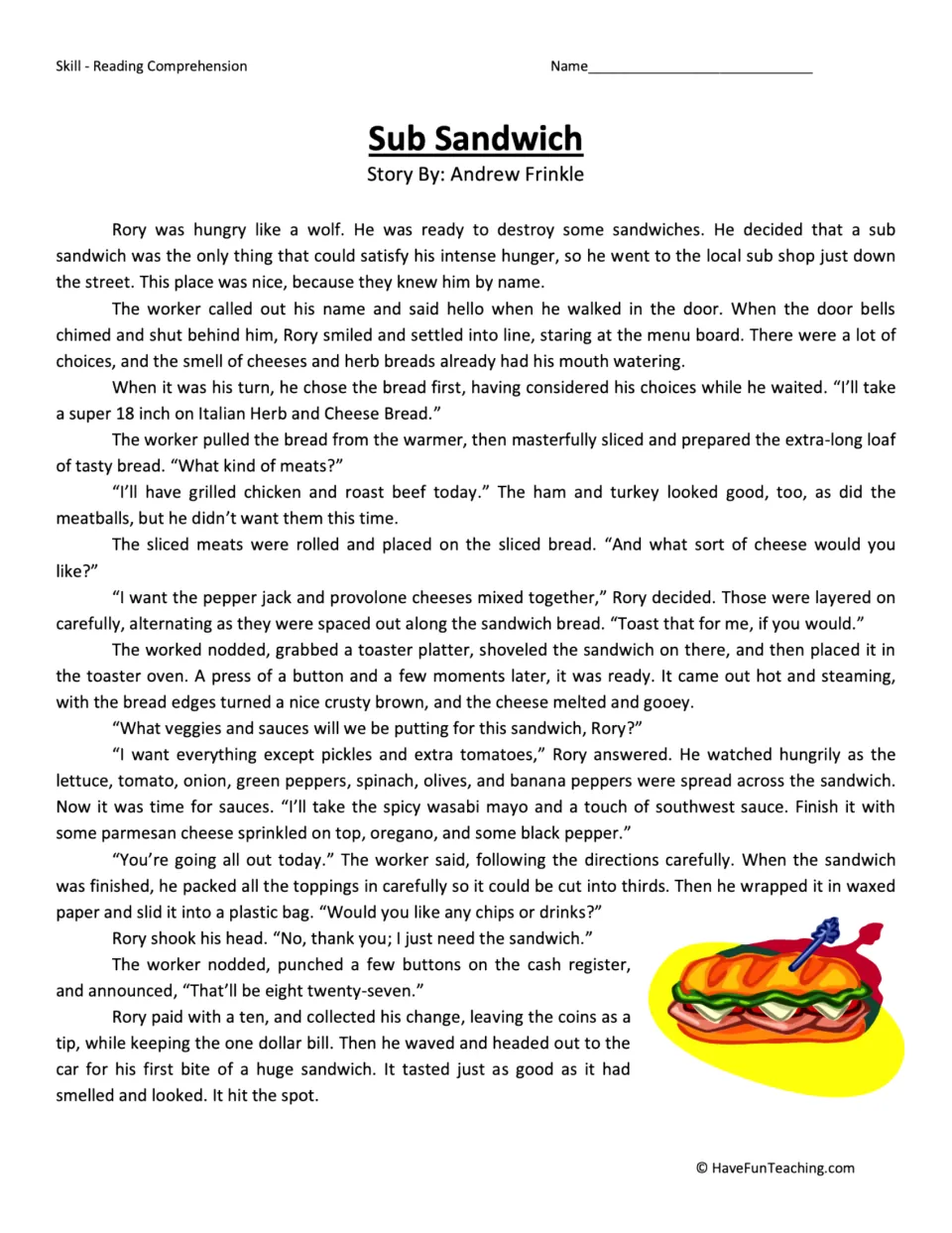 Reading passage about Rory ordering an 18-inch sandwich, choosing toppings, paying, and leaving a tip