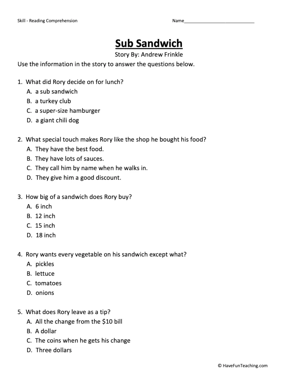 Five multiple-choice questions about Rory's lunch, the shop's greeting, sandwich size, vegetables, and tip