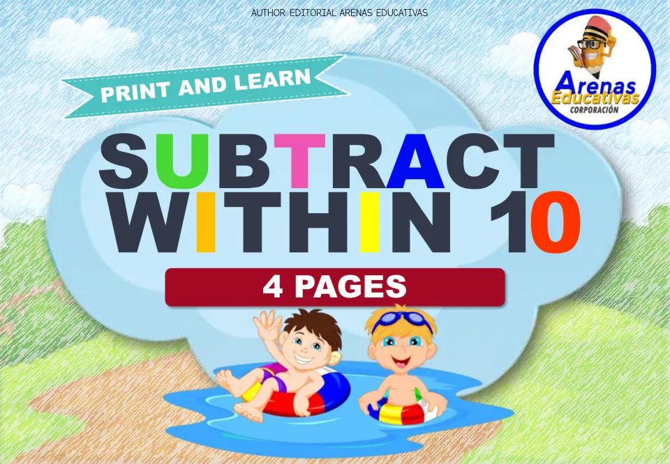 Cover for subtraction within 10 practice, labeled 'Print and Learn' and '4 Pages,' by Arenas Educativas.