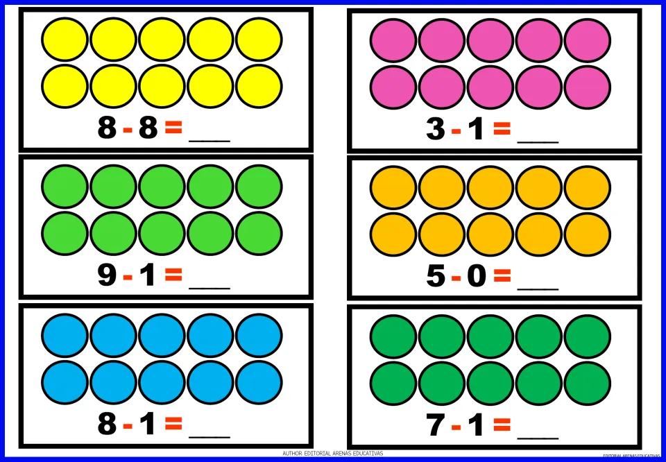 Subtraction practice sheet 3: 8−8, 3−1, 9−1, 5−0, 8−1, and 7−1, with colored circles for each problem.