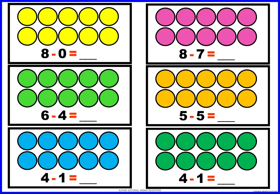 Subtraction practice sheet 6: 8−0, 8−7, 6−4, 5−5, and two 4−1 problems, each shown with colored circles.