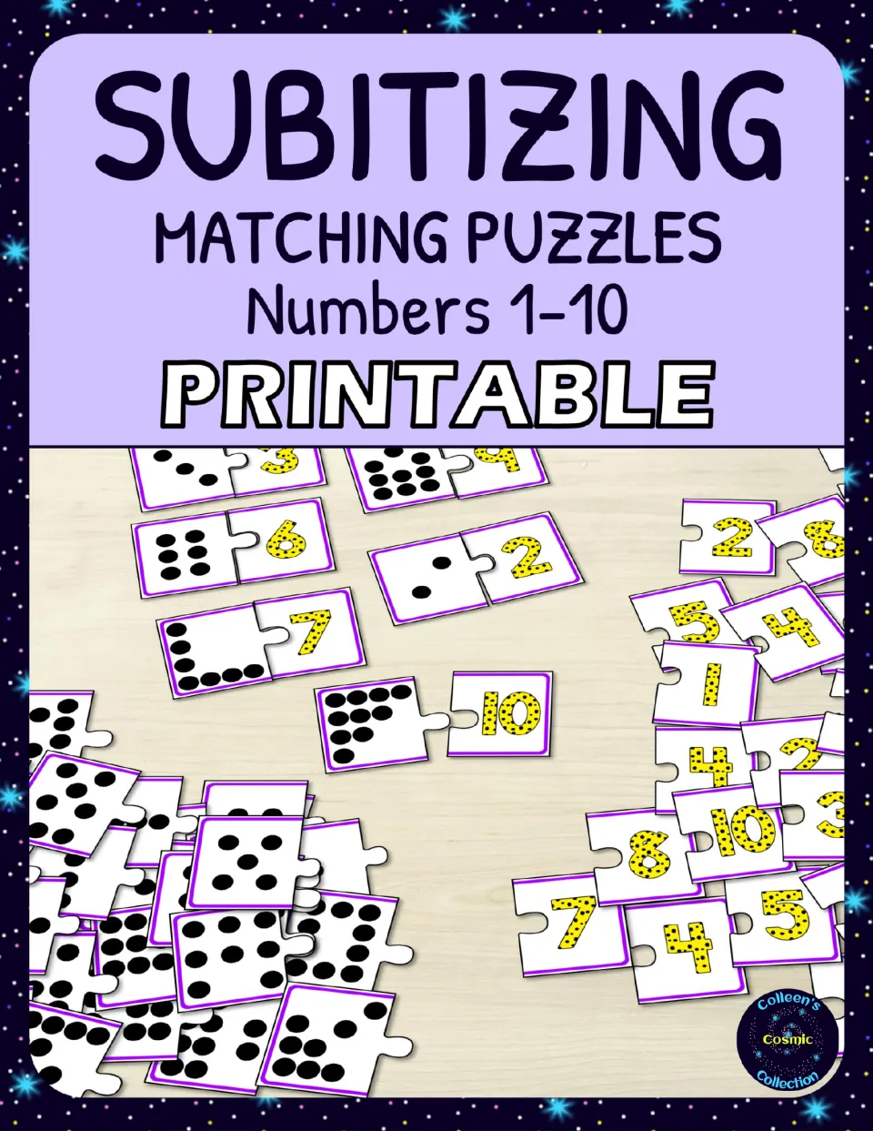 Subitizing matching puzzles for numbers 1-10, printable: dot-pattern pieces join numeral pieces, shown laid out on a table