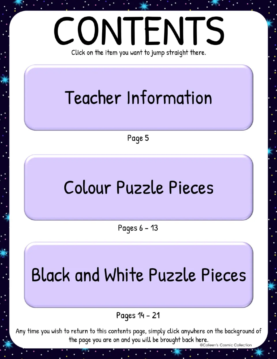 Contents list linking to teacher information, colour puzzle pieces on pages 6-13 and black and white pieces on pages 14-21