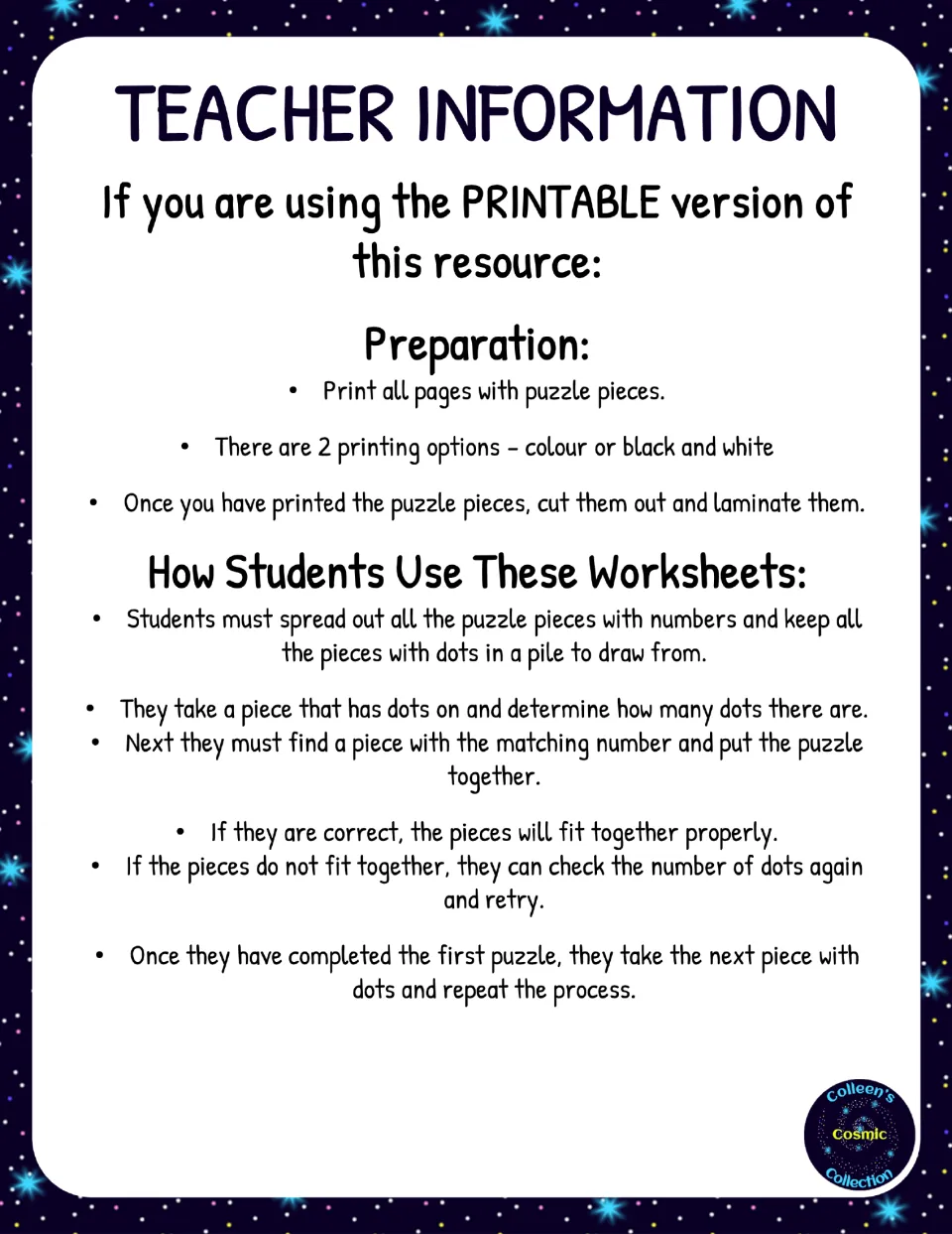 Teacher information: print, cut out and laminate the pieces, then students count a dot piece and find the matching number