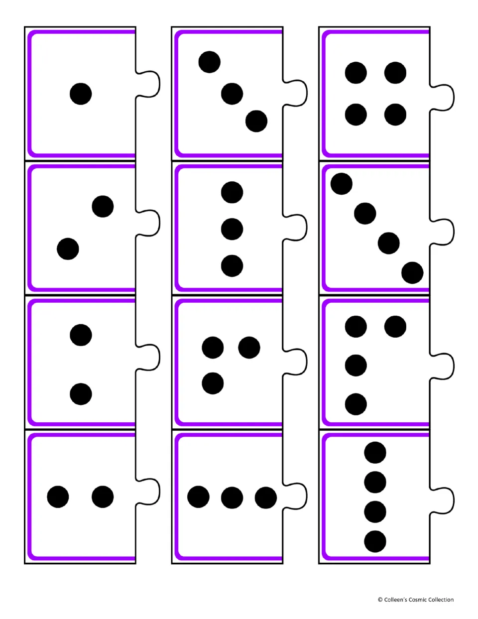 Subitizing cut-out pieces: 12 dot-pattern puzzle pieces showing 1 to 4 dots in different arrangements to count at a glance