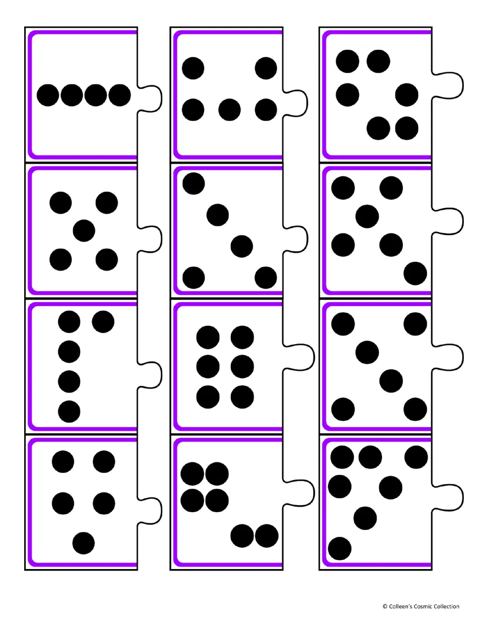 Subitizing cut-out pieces: 12 dot-pattern puzzle pieces with 4, 5 and 6 dots in rows, dice-style and scattered layouts