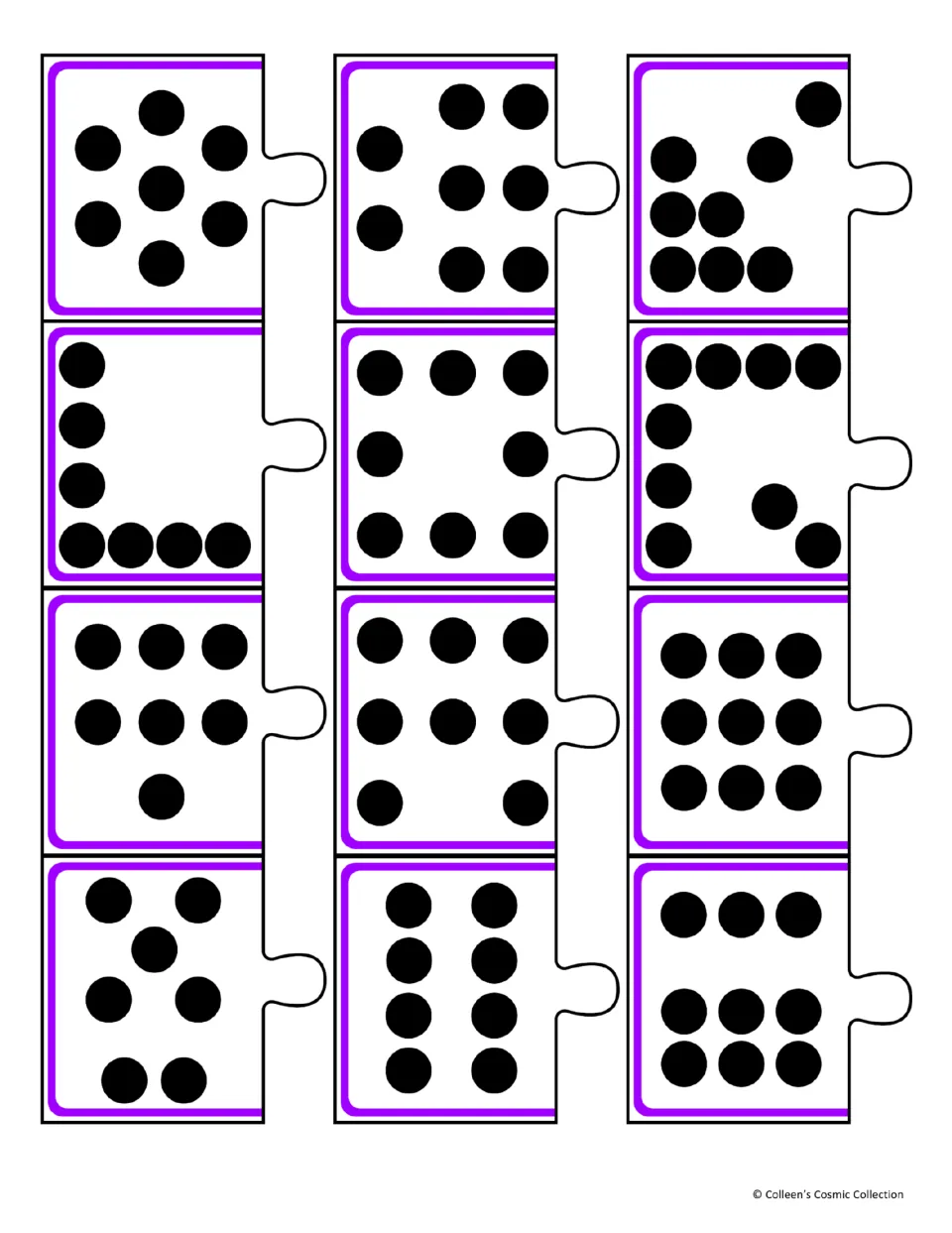 Subitizing cut-out pieces: 12 dot-pattern puzzle pieces with about 7 to 9 dots arranged in arrays, shapes and clusters