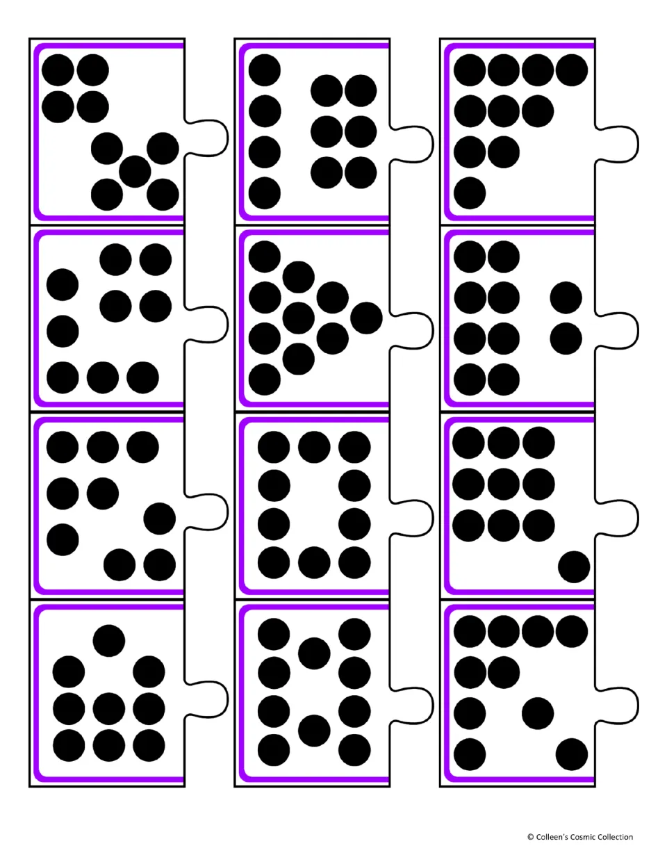 Subitizing cut-out pieces: 12 dot-pattern puzzle pieces with 9 and 10 dots in groups, triangles and frame-like patterns