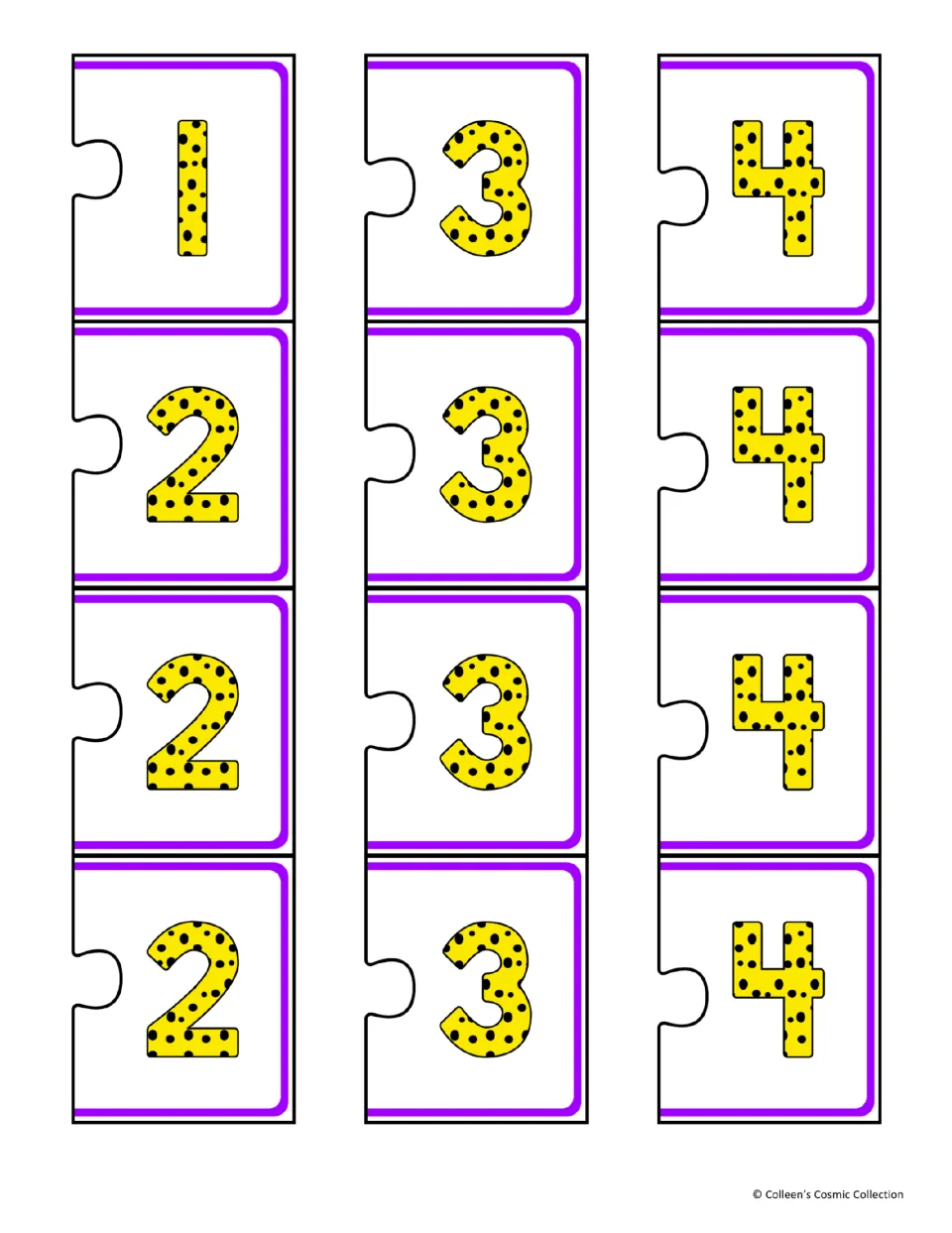 Number matching cut-out pieces: 12 yellow spotted numerals, one 1 and several 2s, 3s and 4s, to pair with the dot pieces