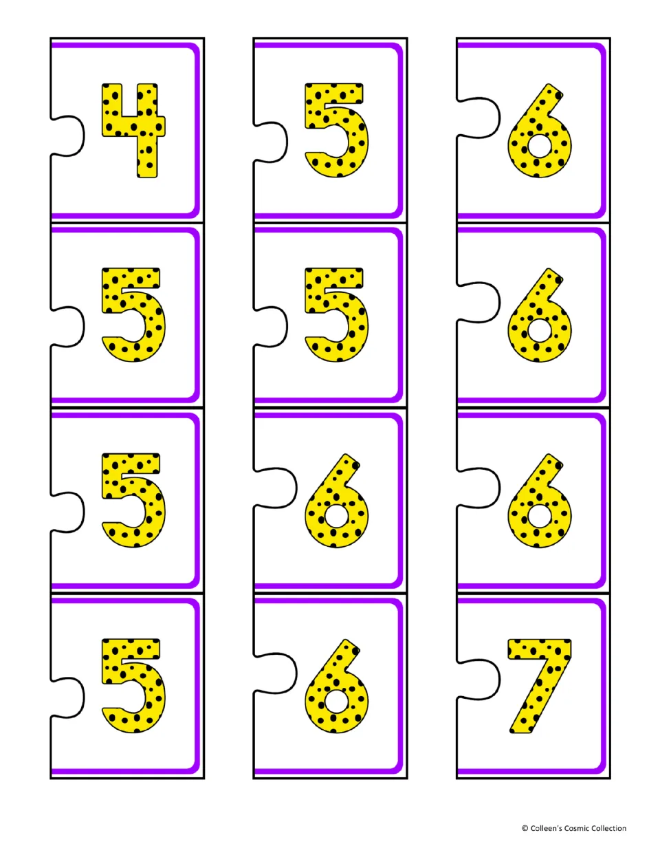 Number matching cut-out pieces: 12 yellow spotted numerals showing 4, 5, 6 and 7 for students to spread out and match