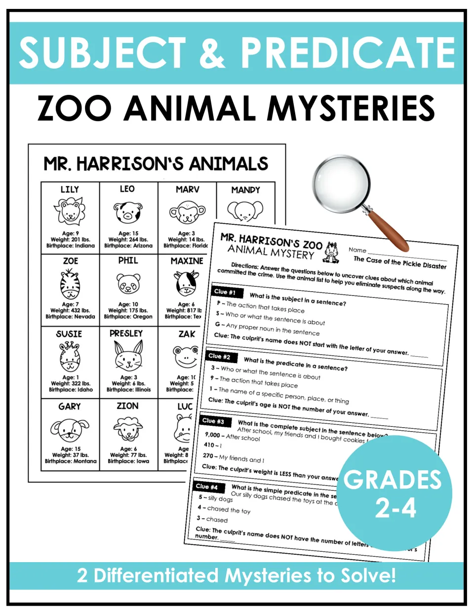 Subject and predicate zoo animal mysteries cover showing a suspect list and clue sheet, with two mysteries to solve