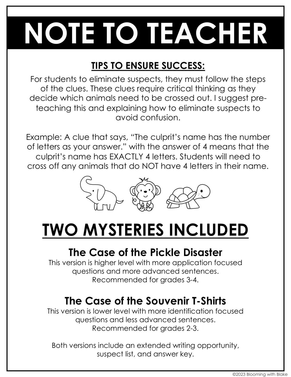 Note to teacher on eliminating suspects, plus the two mysteries: Pickle Disaster and Souvenir T-Shirts, each with a key