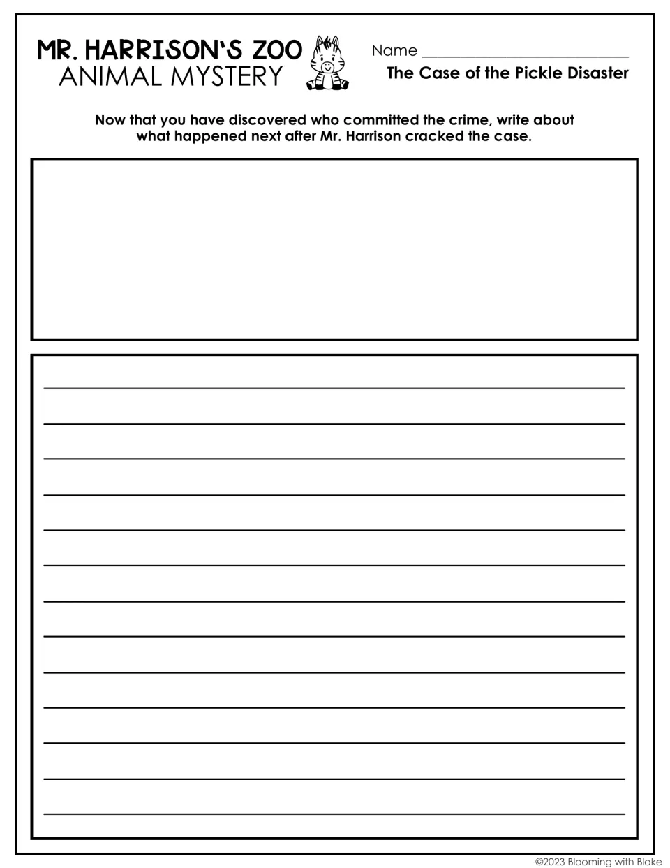 Extended writing prompt: students write what happened next after Mr. Harrison cracked the case