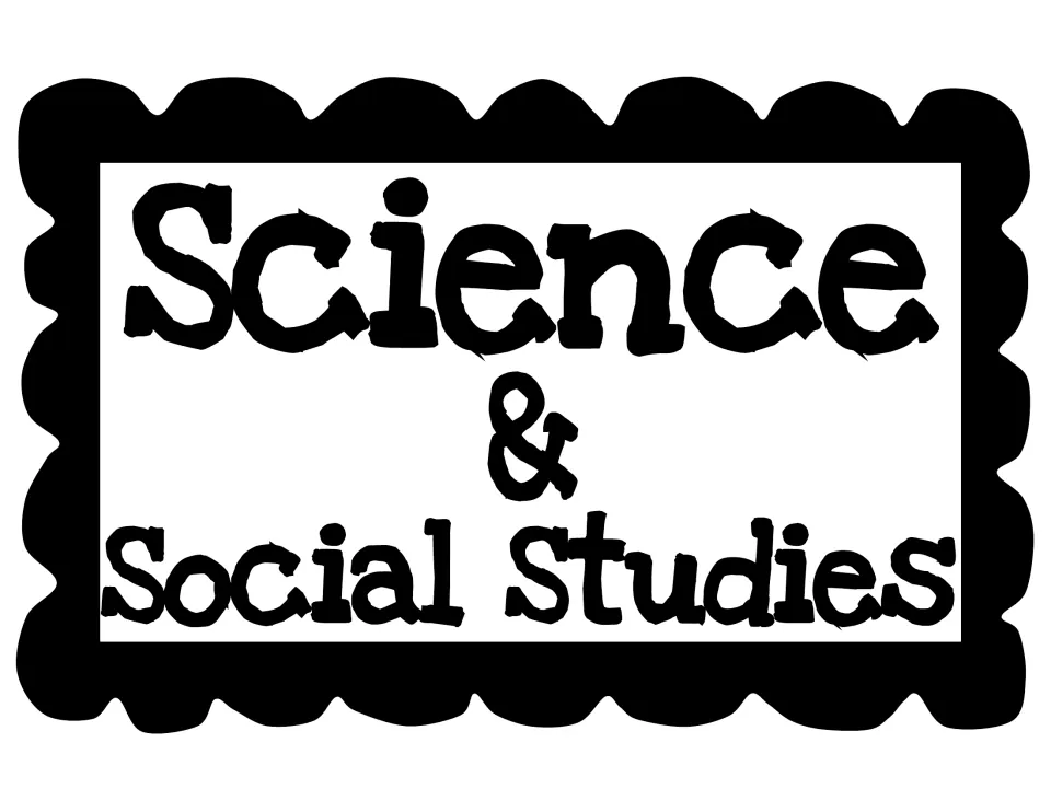 Combined Science & Social Studies header sign stacking both subject names for one shared bulletin board