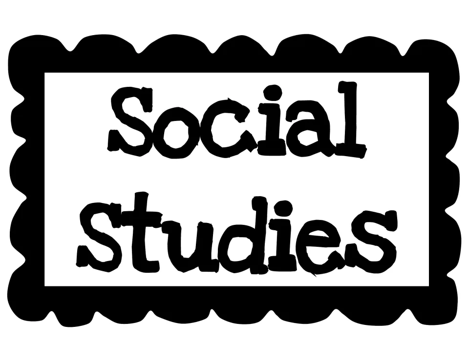 Social Studies header sign printing the two words on separate lines in heavy black hand-lettered type