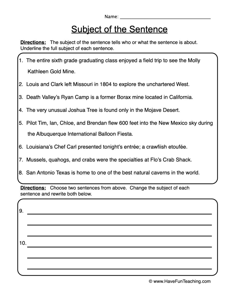 Complete subjects: students underline the full subject in 8 sentences, then rewrite 2 of them with a new subject