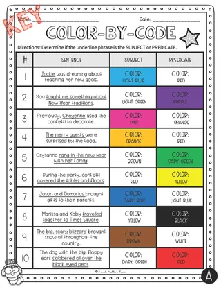 Subject + Predicate New Year Color by Code Worksheets – sample page 3