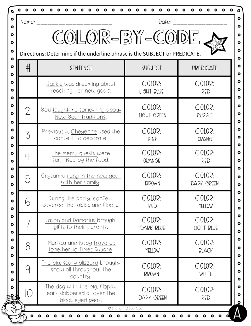 New Year sentences set A: students decide if each of 10 underlined phrases is the subject or predicate to get a color