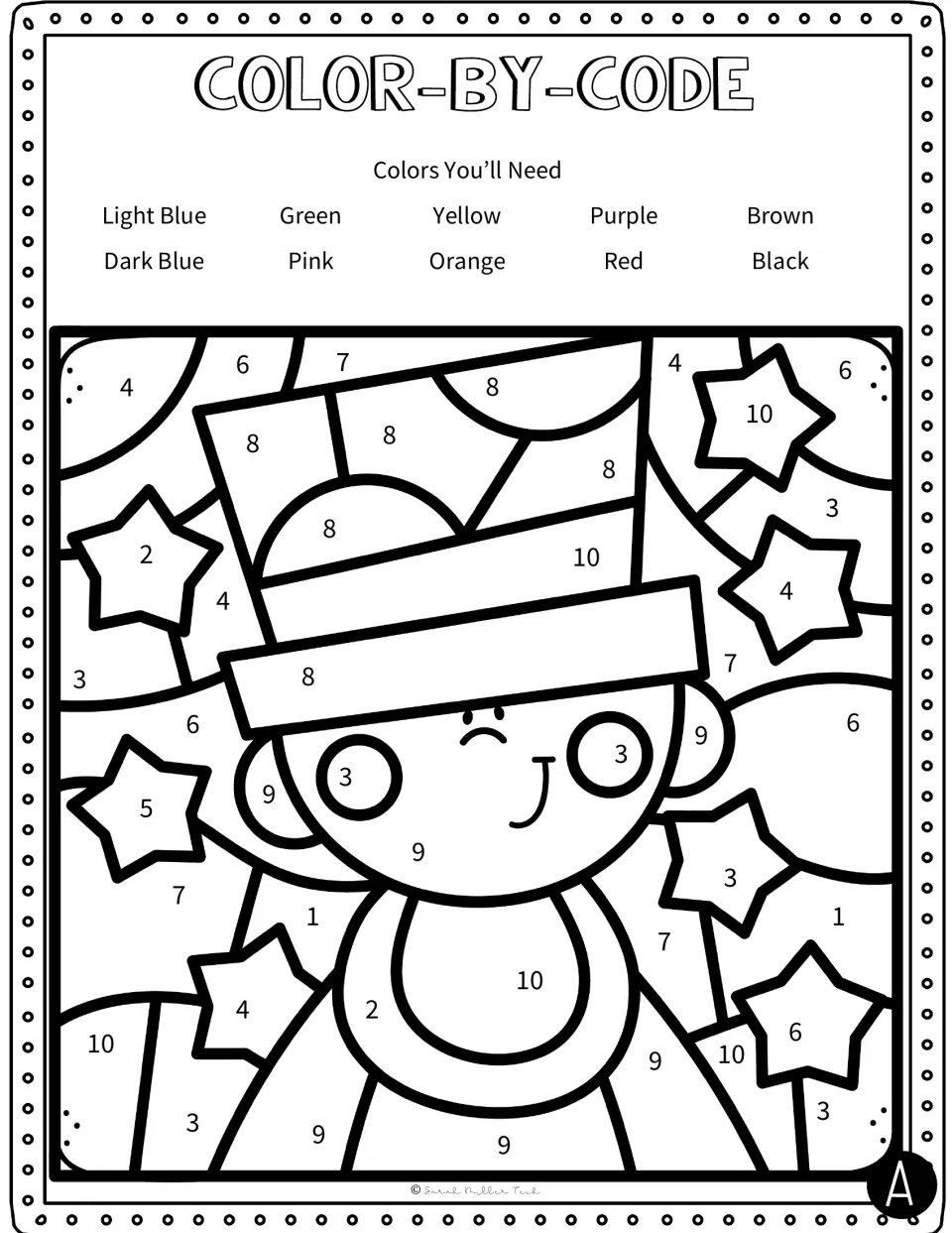 Top hat child and stars color-by-number picture, set A: students color numbered spaces with their sentence codes