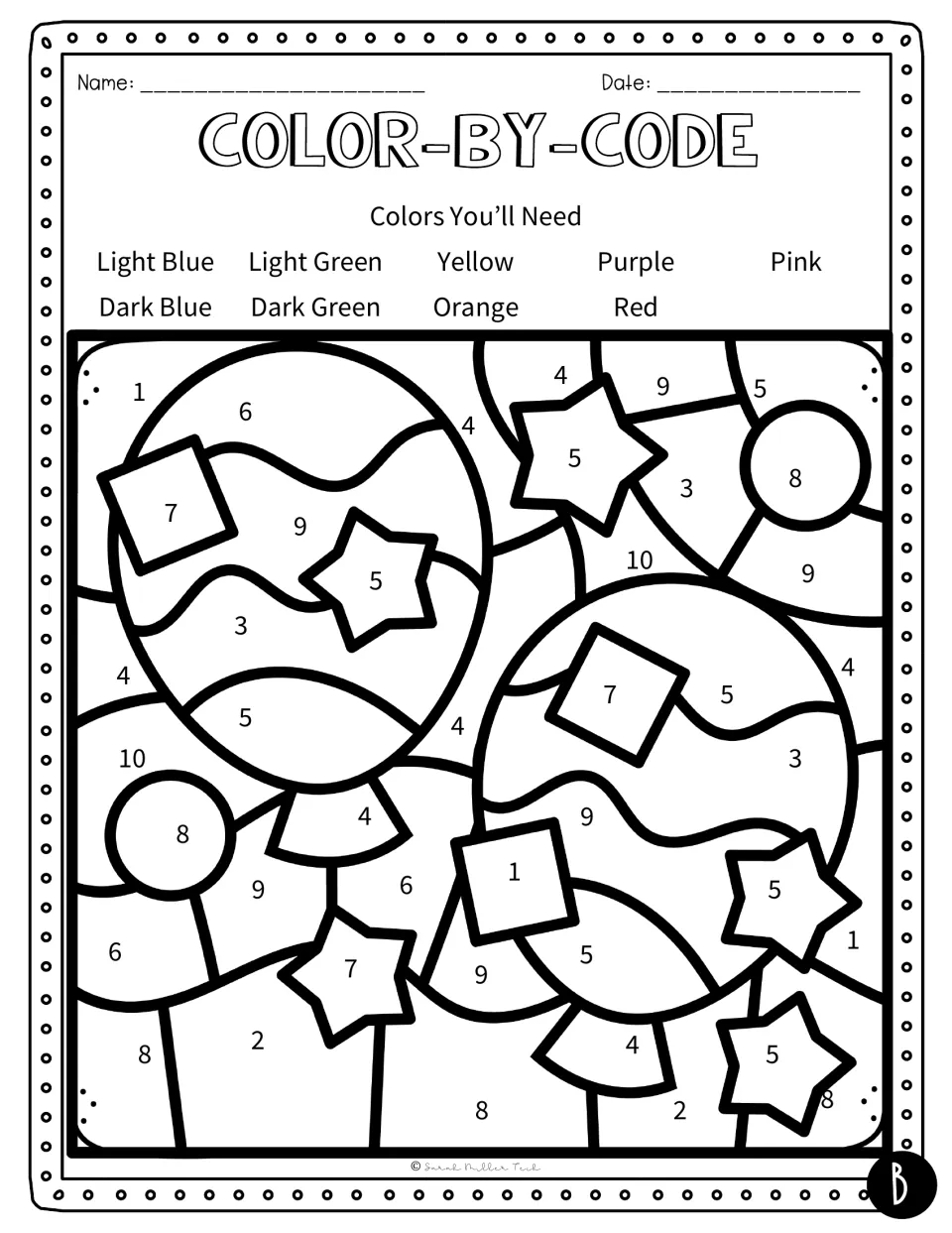 Balloons and stars color-by-number picture, set B: students fill numbered spaces using colors from their sentence answers