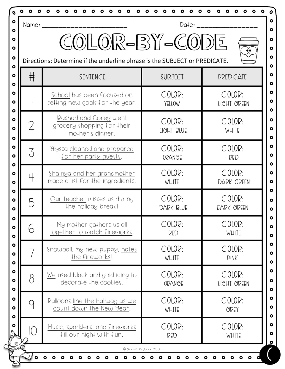 Set C sentences on goals, fireworks and holiday cooking: students decide if each underlined phrase is subject or predicate