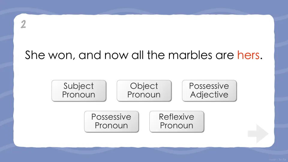 Question 2: in 'She won, and now all the marbles are hers.' students identify the pronoun type of the red word 'hers'