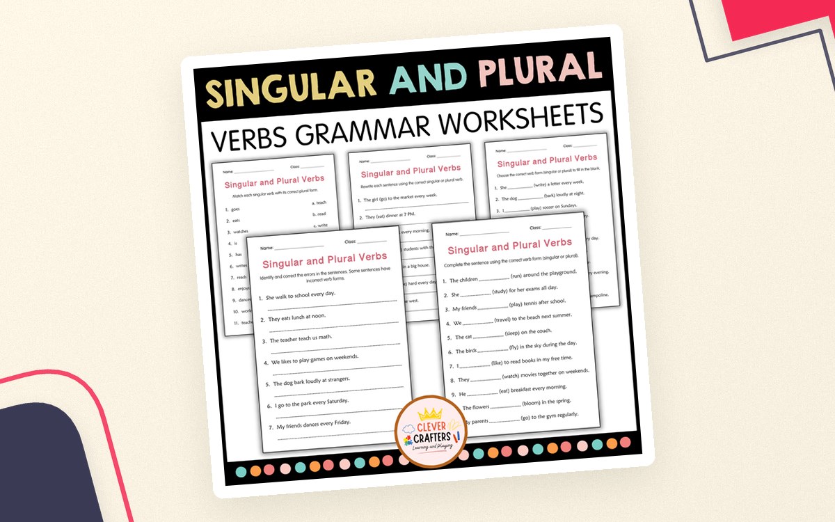 Subject Singular and Plural Verbs Grammar Worksheet for Grade 1, 2, 3 preview