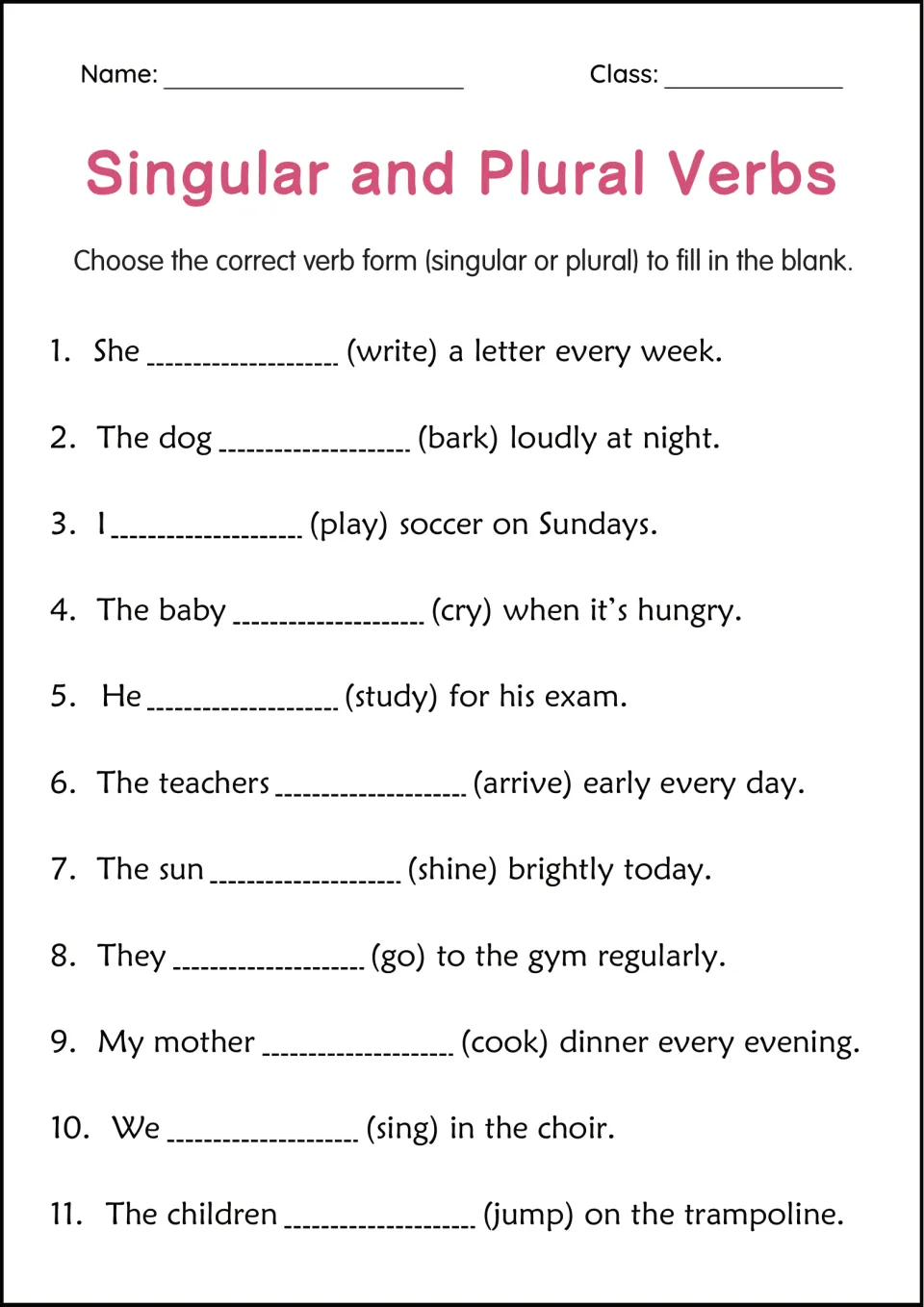 Singular and plural verbs: students fill 11 blanks with the right form of verbs like write, bark and cry