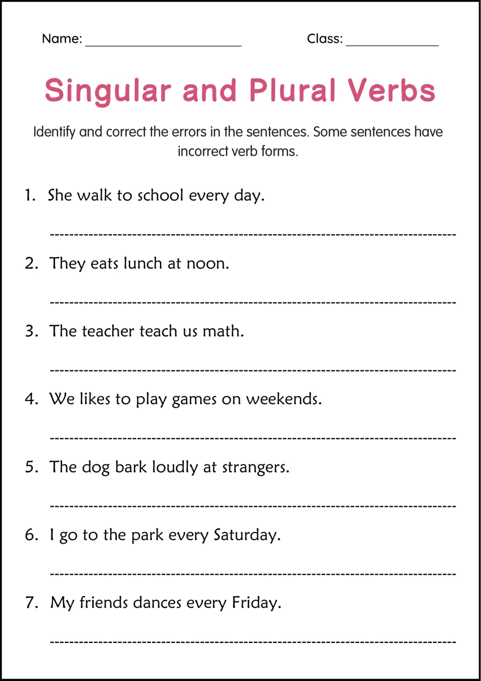 Verb error correction: students check 7 sentences for wrong verb forms, such as They eats lunch, and rewrite them
