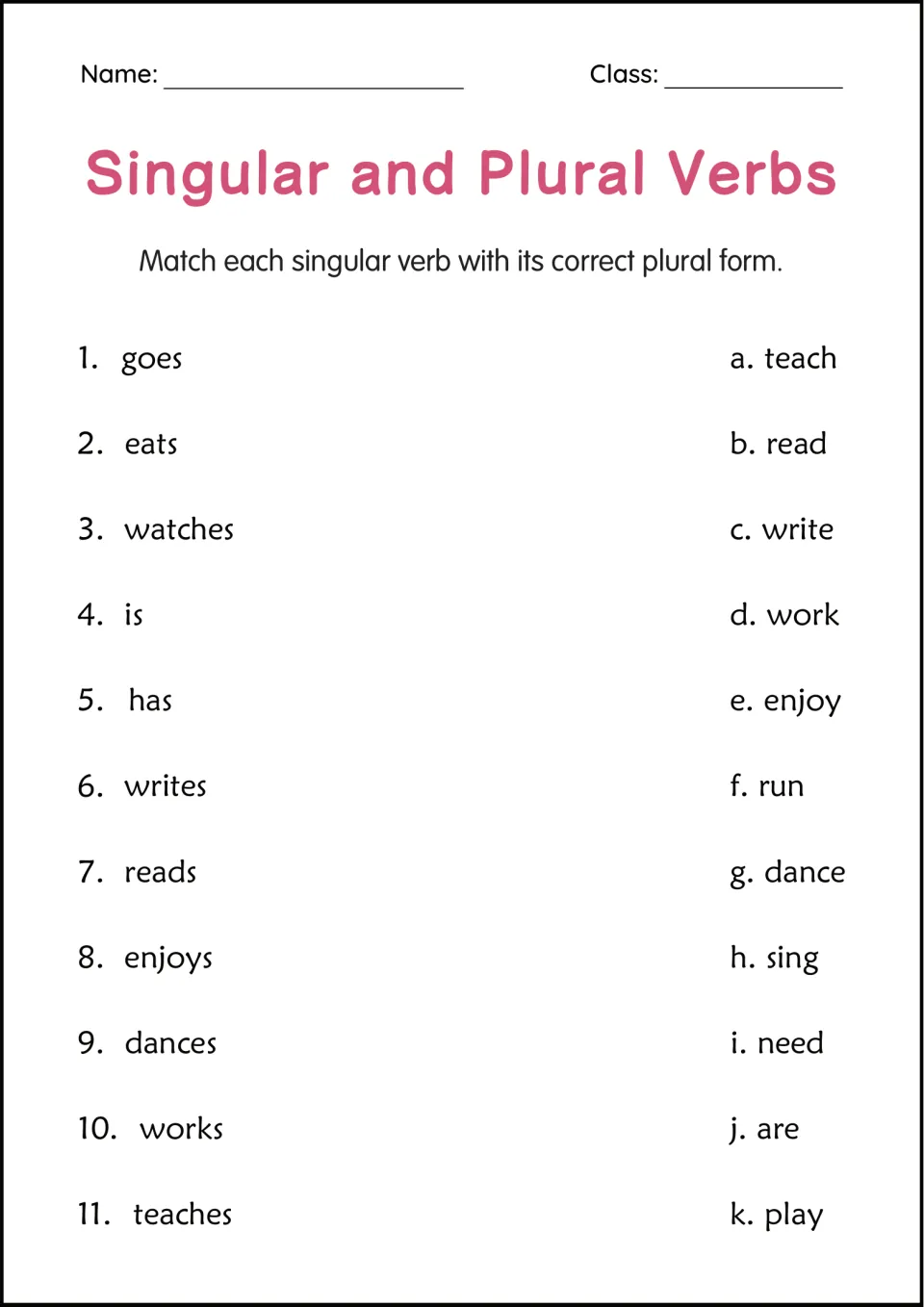 Verb forms matching: students match 11 singular verbs, such as goes, eats and watches, to their plural forms