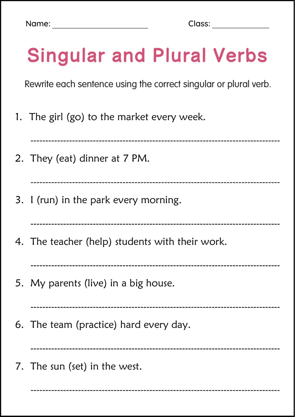 Rewriting sentences: students rewrite 7 sentences, such as The girl (go) to the market, with the correct verb form