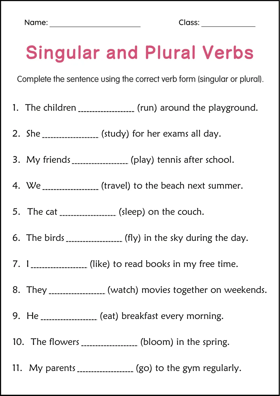 Completing sentences: students write the correct form of 11 verbs, including run, study and fly, to finish each sentence
