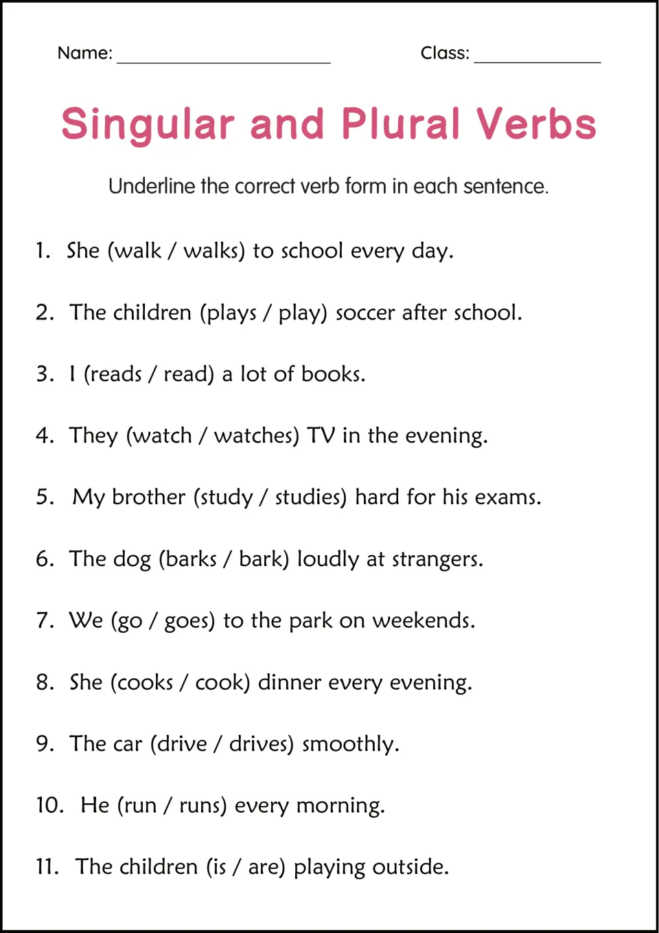 Choosing the verb: students underline the correct option in 11 sentences, such as She (walk / walks) to school