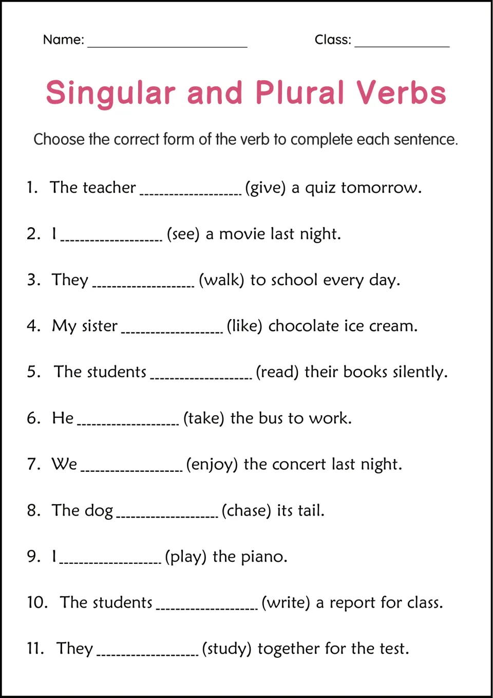 Verb choice practice: students fill 11 blanks using give, see, enjoy and more, with cues like tomorrow and last night