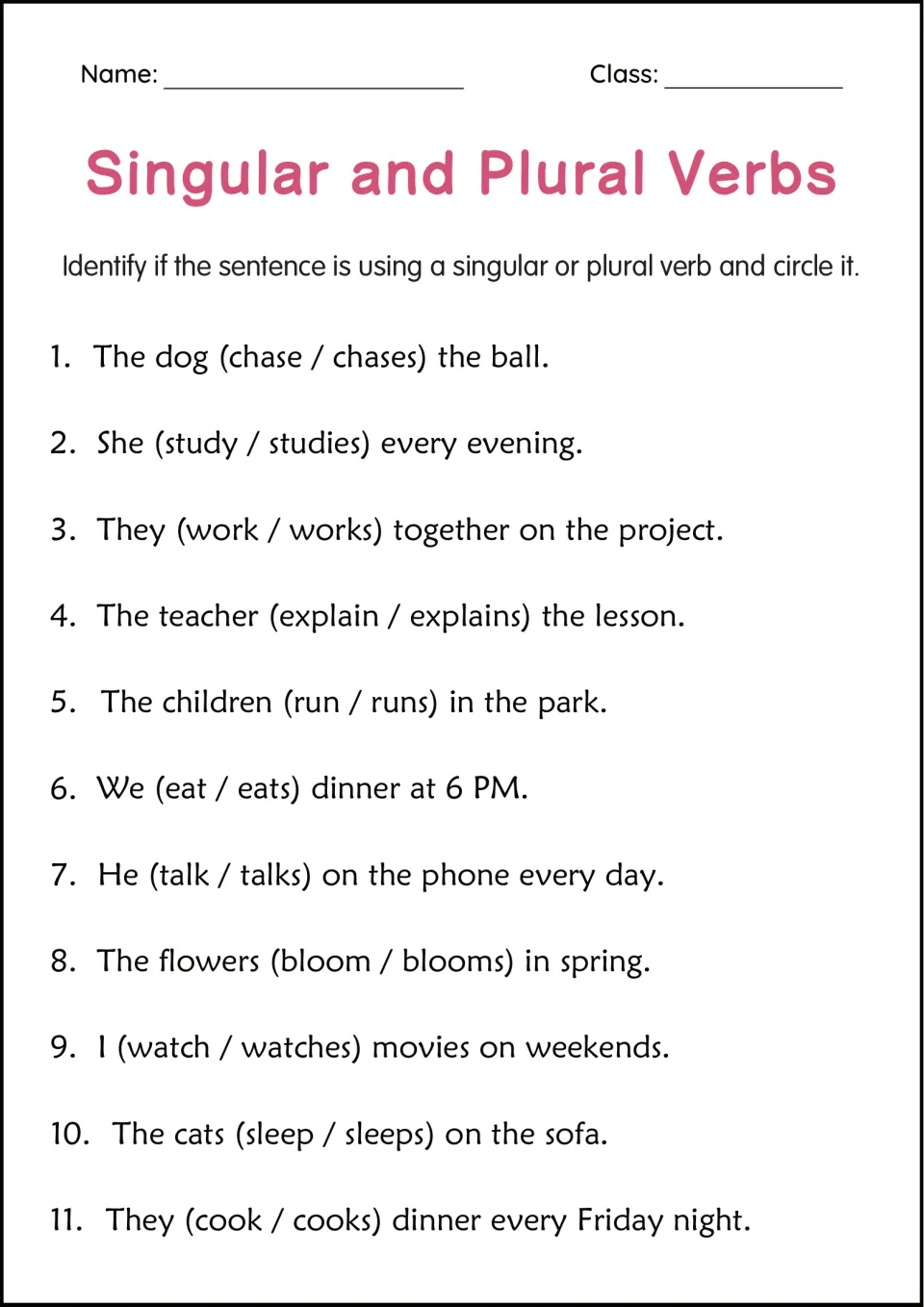 Circling verbs: students circle the correct singular or plural verb in 11 sentences, such as The dog (chase / chases)