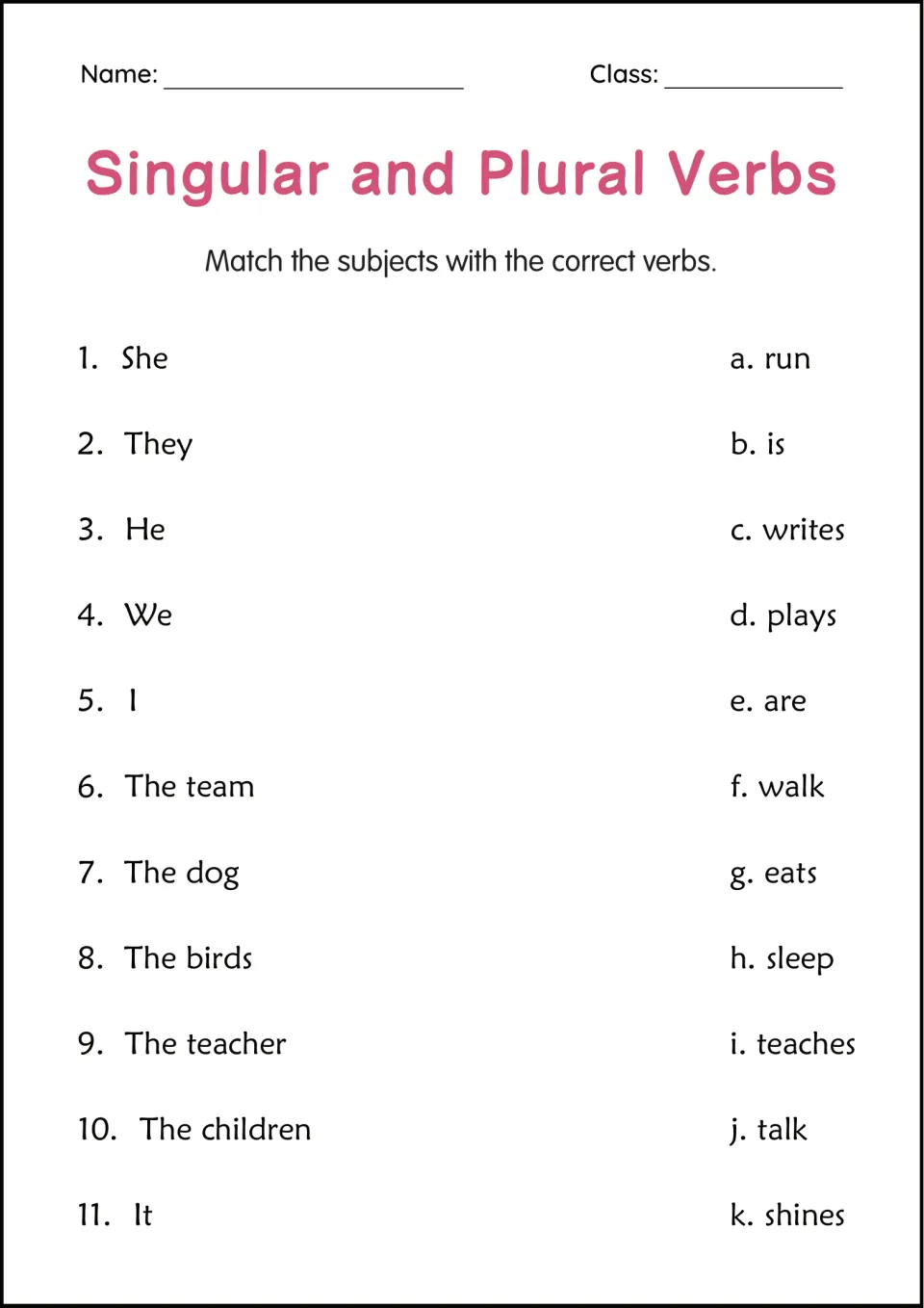 Subject-verb matching: students pair 11 subjects, from She and They to The team and It, with a verb that agrees